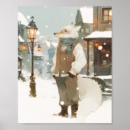 Poster Snowy Arctic Fox Watercolor Portrait with Scarf