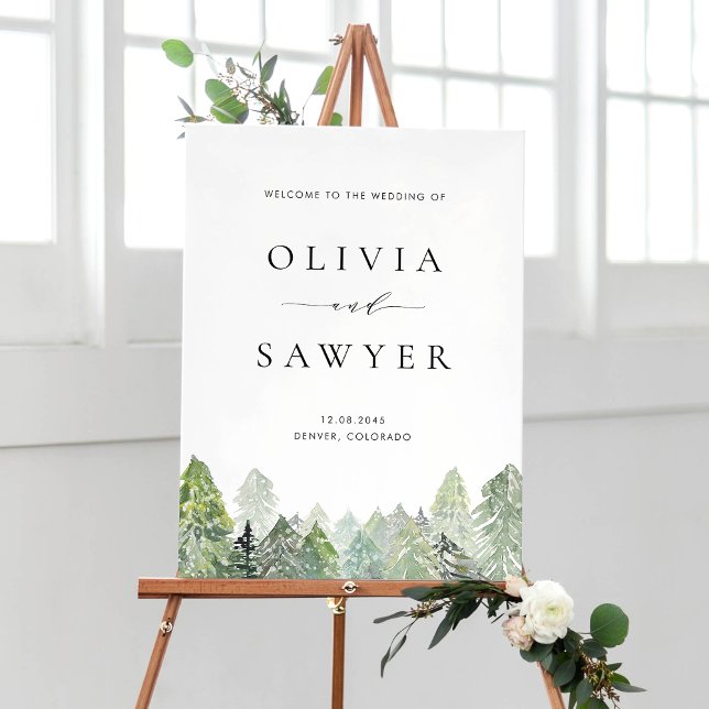 Poster Snowy Evergreen Forest Casamento no inverno bem-vi (Winter wedding sign featuring watercolor evergreen forest with falling snow.)