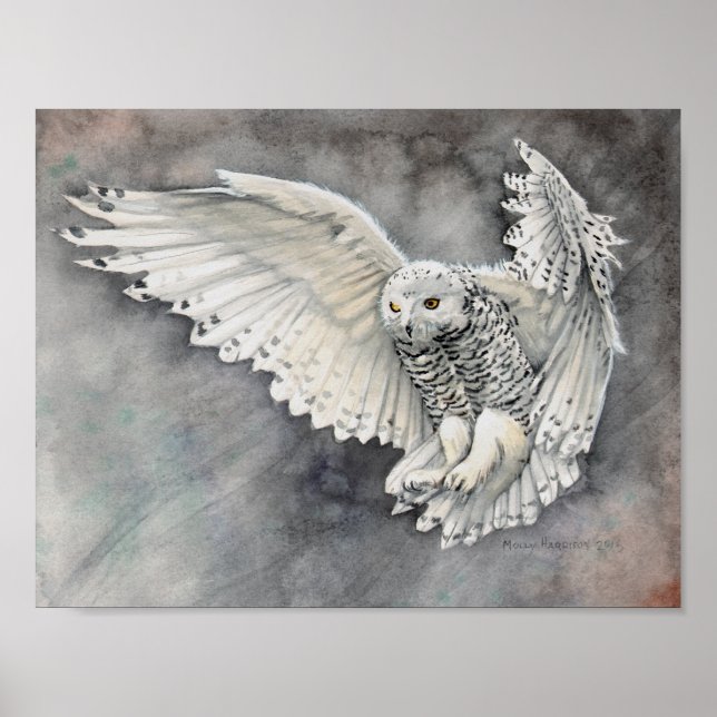 Poster Snowy Owl Descent Watercolor Trabalho de arte (Frente)