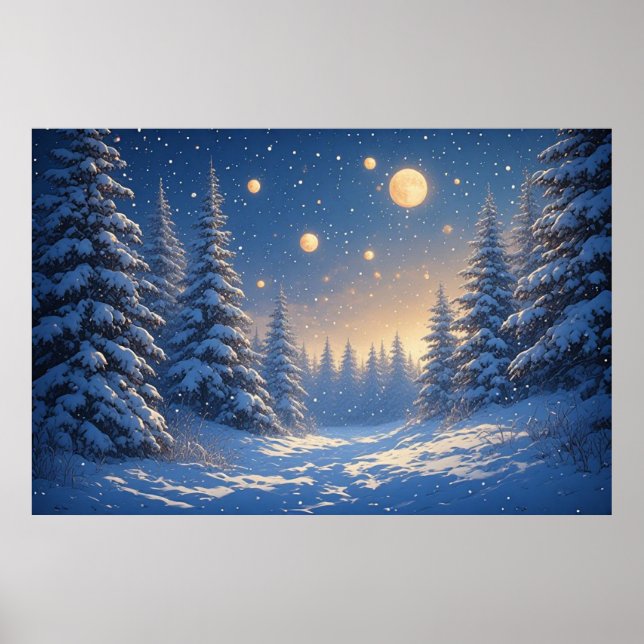 Poster Snowy Pine Forest Under A Starry Night Sky 🌙 Warm (Frente)