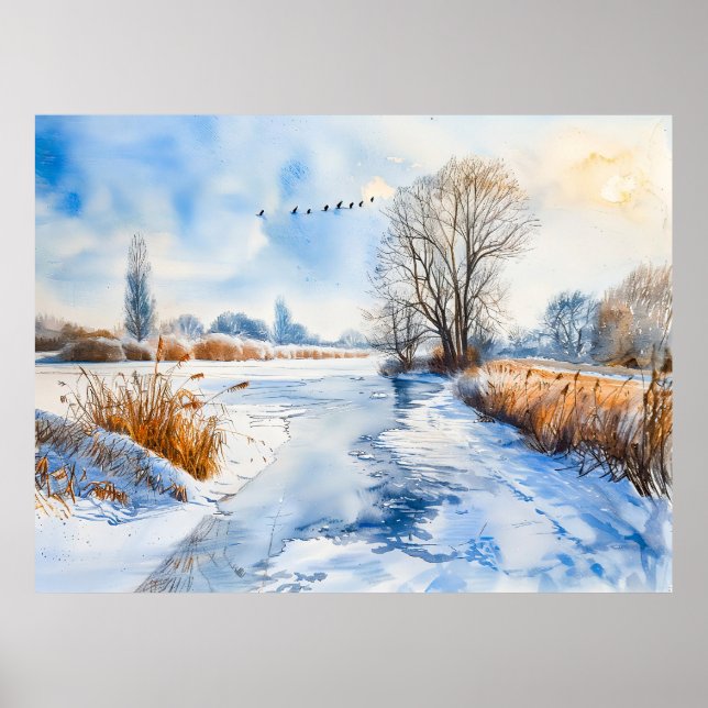 Poster Snowy Riverbank em Winter Havelland Watercolor (Frente)