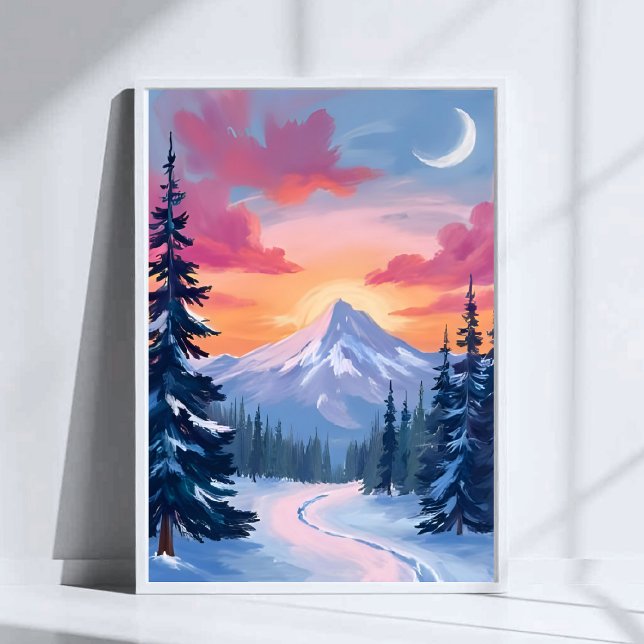 Poster Snowy Summit Sunset | Winter Landscape Painting (Criador carregado)