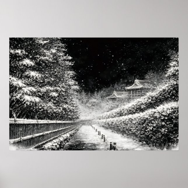 Poster Snowy Temple Path at Night – Japanese Zen Wall Art (Frente)