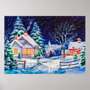 Poster Snowy winter landscape. Country House. Christmas h