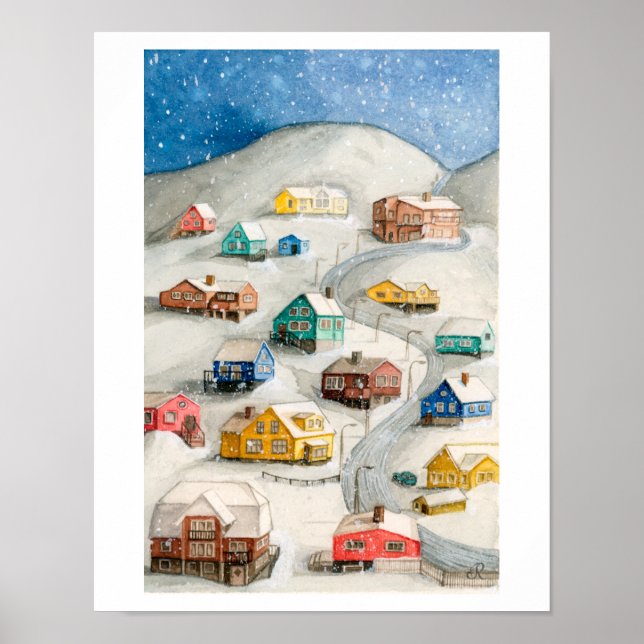 Poster Snowy Winter Village Art (Frente)