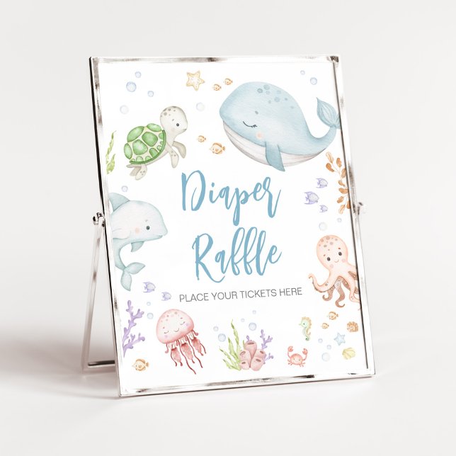 Poster Sob a Fralda do mar Raffle (Sea Creatures Ocean Baby Shower Diaper Raffle Sign)