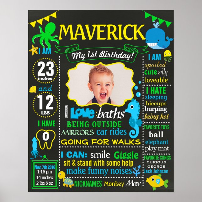 Pôster Sob o mar, aviso de primeiro aniversário (Frente)