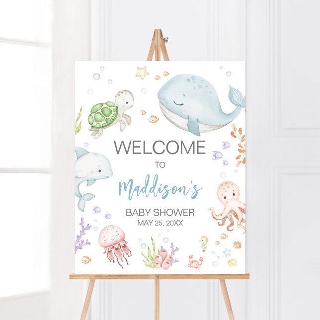 Poster Sob o Mar Chá de fraldas Bem-vindo (Sea Creatures Ocean Baby Shower Welcome Sign)