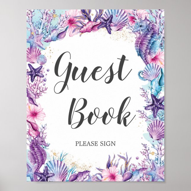 Poster Sob o Mar de Corais Conchas Púrpura Rosa Guestbook (Frente)