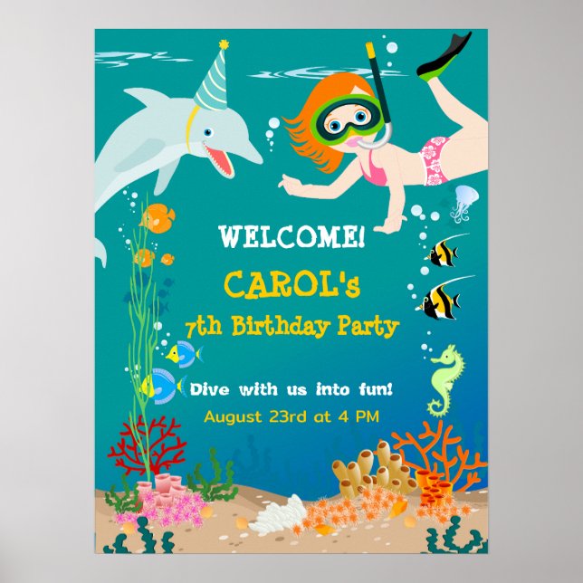 Poster Sob o mar golfinhos e Festa de aniversário de meni (Frente)