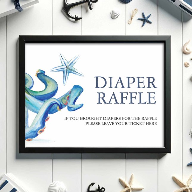 Poster Sob o Sinal de Chá de fraldas de Raffle Fralda do  (Baby shower decor nautical diaper raffle sign watercolor blue octopus and starfish Do Tell A Belle)