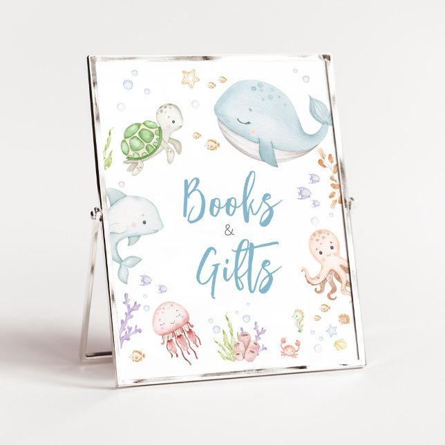 Poster Sob os Livros de Chás de fraldas do Mar e Presente (Sea Creatures Ocean Baby Shower Books and Gifts Sign)