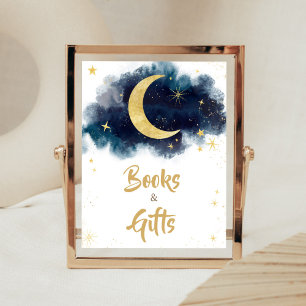 Poster Sobre a Lua Dourada Estrelas Livros Azuis e Presen