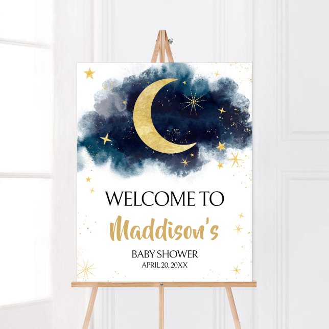 Poster Sobre a Lua Dourada Stars Blue Welcome (Blue Twinkle Little Star Baby Shower Welcome Sign)