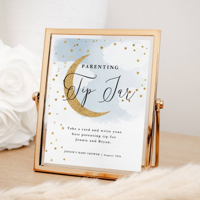 Poster Sobre o jogo de Chá de fraldas das Dicas da Parent (Over the Moon Blue, Parenting Tip Jar Display Sign for Baby Shower)