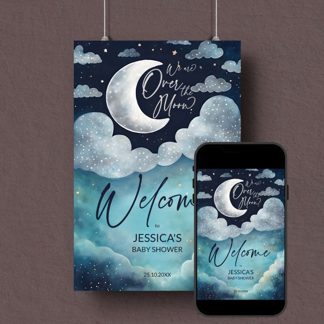 Poster Sobre o sinal de boas-vindas do chá de fraldas da  (We're Over the moon galaxy baby shower editable template welcome sign digital download silver moon)
