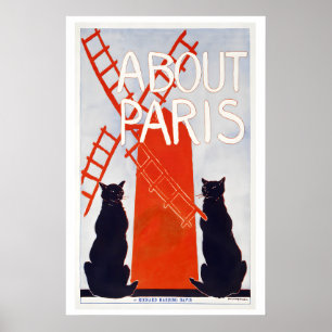 Poster Sobre Paris França Moinho de Vento Vermelho Gatos