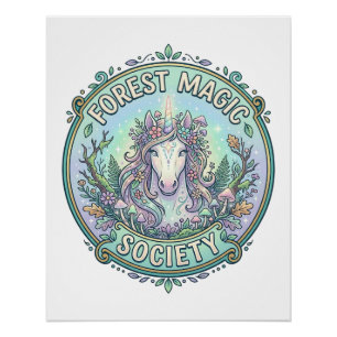 Pôster Sociedade Mágica Floresta Unicórnio Gráfica Branco