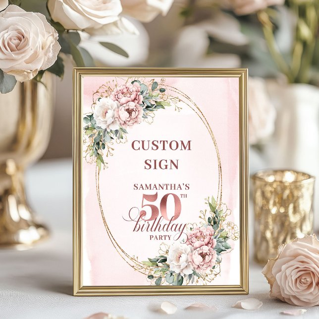 Poster Sofisticado Aniversário de 50 anos em Rose Gold Ed (Editable Sophisticated Rose Gold 50th Birthday Custom Sign)