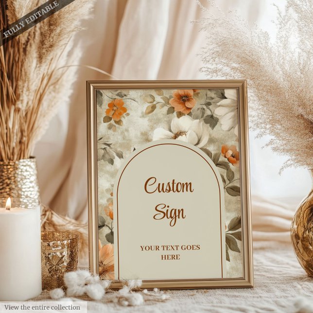 Poster Sofisticado Boho Cobre Marfim Floral Personalizado (Sophisticated Boho Copper Ivory Sage Floral Custom Sign)