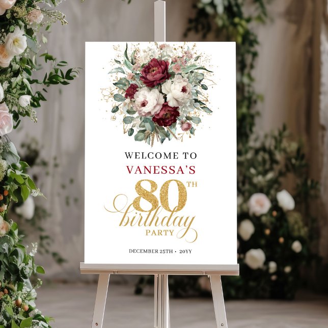 Poster Sofisticado Cartão de Boas-Vindas de Aniversário d (Sophisticated Burgundy 80th Birthday Welcome Sign)