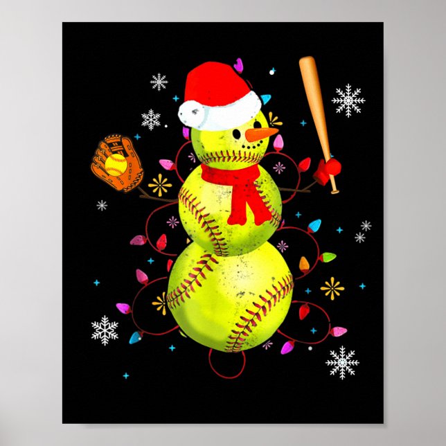 Poster Softball Christmas Funny Softball Snowman Xmas  (Frente)