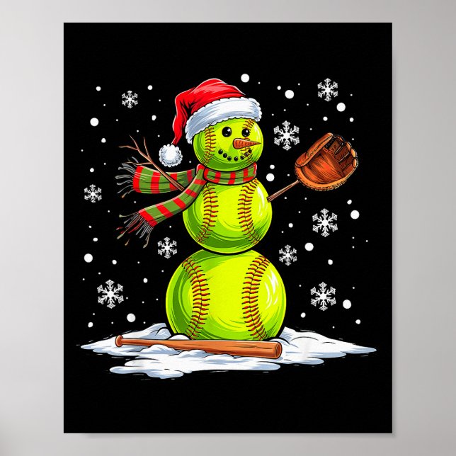 Poster Softball Snowman Softball Player Santa Hat Christm (Frente)