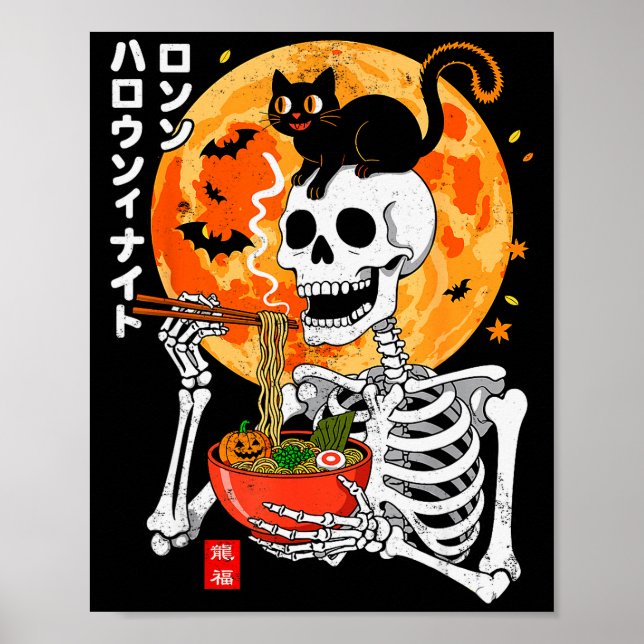 Poster Soky Skeleton Eating Ramen Bowl With Cat Halloween (Frente)