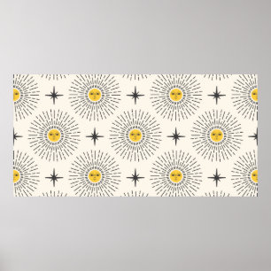 Poster Sol com Padrão Celestial de Rosto Sem Costura
