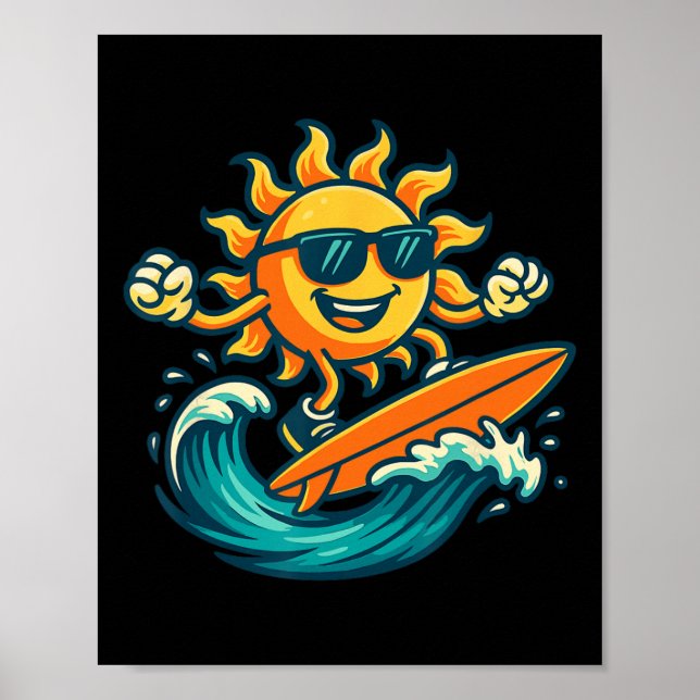 Poster Sol de desenho animado surfando onda de praia de v (Frente)