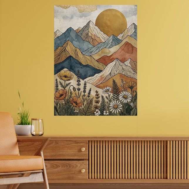 Poster Sol de Flor Silvestre da Montanha Celestial Boho (Sala de Estar 2)