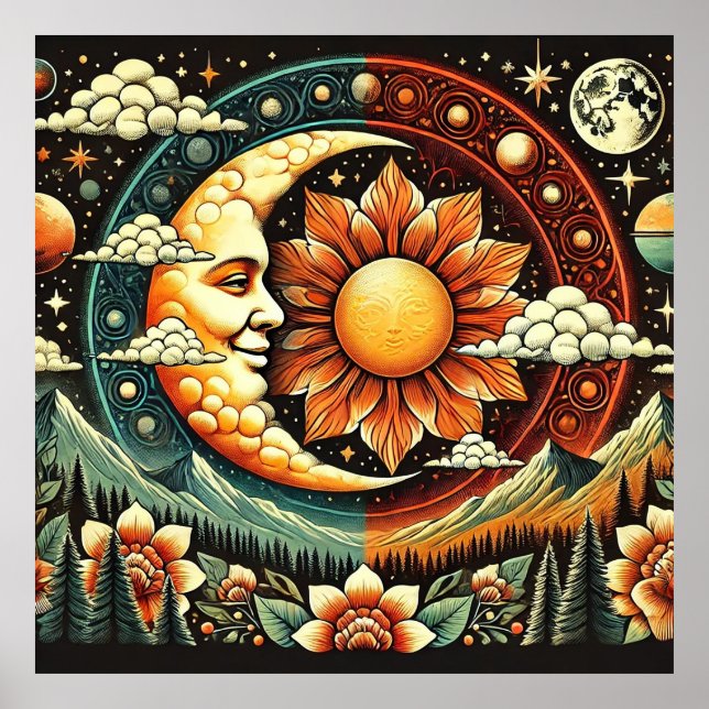 Poster Sol e Lua Caprichosos em um Cosmos Surreal (Frente)