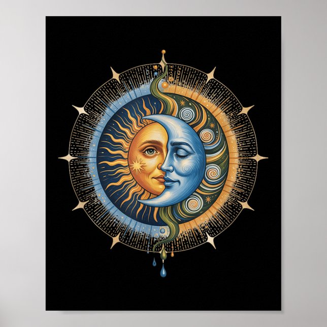 Poster Sol e Lua Celestial Boho Místico Hippie 90s _3 (Frente)