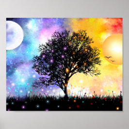 Poster Sol fantasia e lua com cores arco-íris