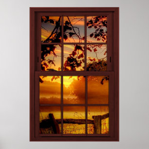 Poster Sol no outono Faux Cherry Wood Window