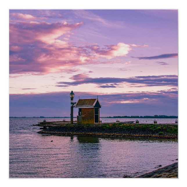 Pôster Sol rosa sobre o lago (Frente)