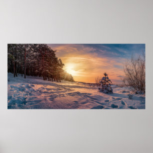 Poster Sol sobre neve, costa marítima de inverno