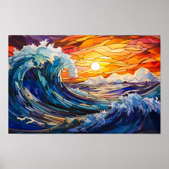 Poster Sol sobre o oceano de tempestade, vidro manchado (Frente)