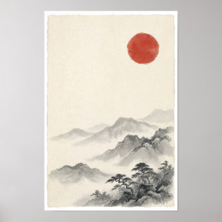 Poster Sol Vermelho Sobre Montanhas Nebulosas | Mí