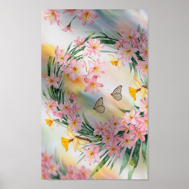 Poster Sola Floral Elegante de Aquarela com Borboletas (Frente)