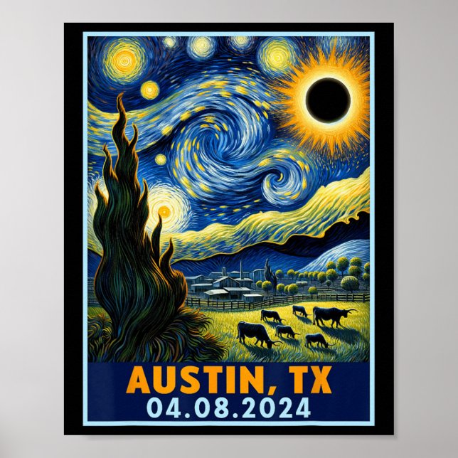 Poster Solar Eclipse 2024 Austin Texas Van Gogh Starry Ni (Frente)