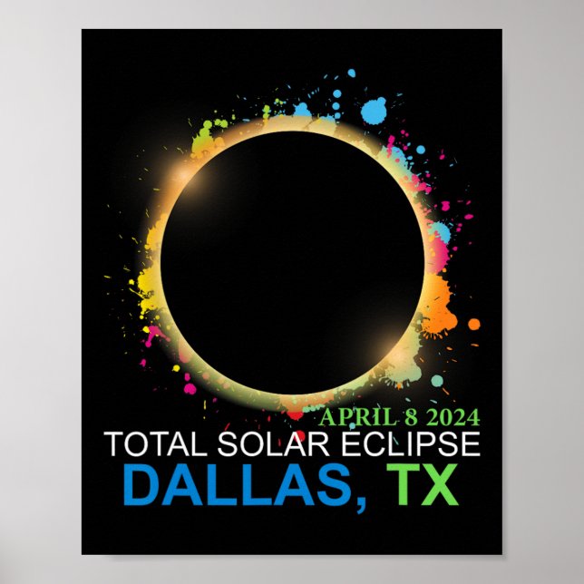 Poster Solar Eclipse 2024 Dallas Texas - Totalidade Color (Frente)