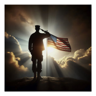 Pôster Soldado Americano Apreciando A Bandeira
