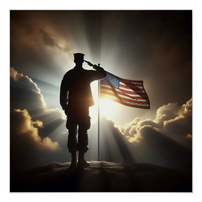 Pôster Soldado Americano Apreciando A Bandeira (Frente)