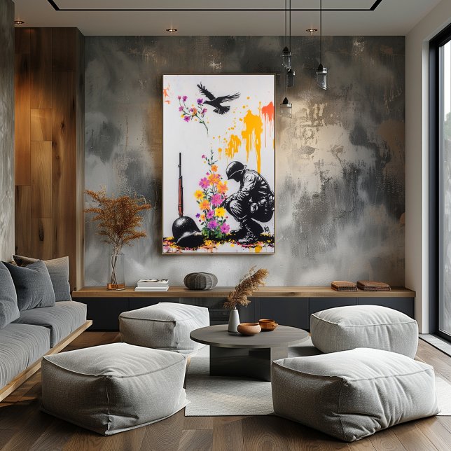 Poster Soldado e Flores de grafite - Arte de Protesto Pac (Criador carregado)