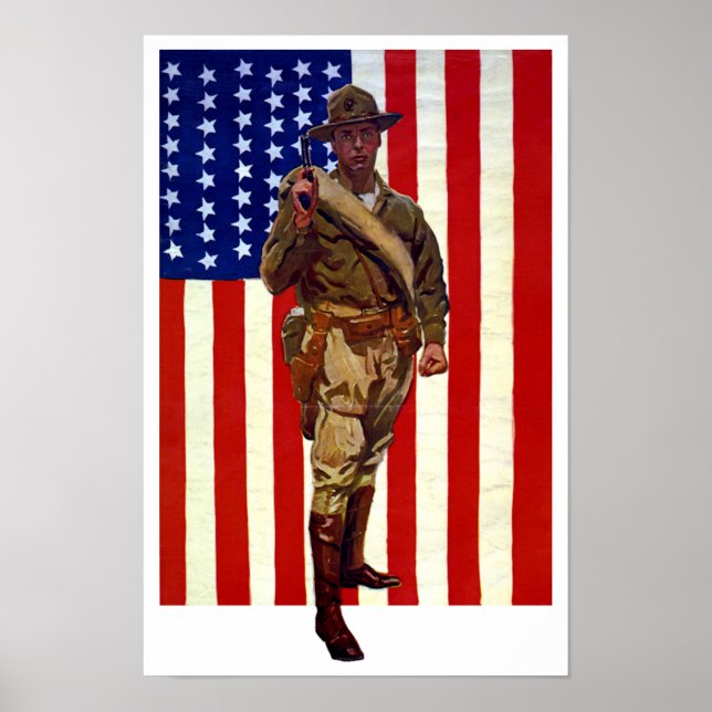 Poster Soldado Patriótico Vintage com Bandeira Americana (Frente)