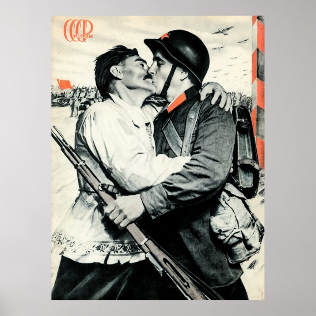 Poster Soldado soviético beijante | Vintage URSS Propagan (Frente)