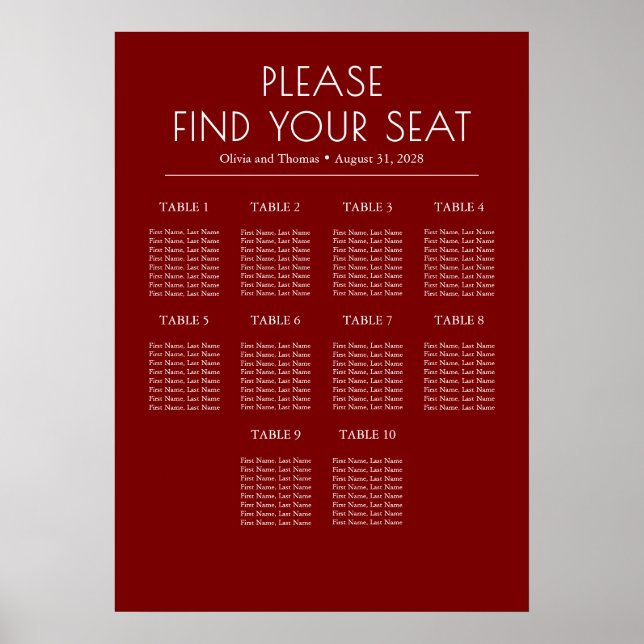 Poster Solid Burgundy Red Modern Wedding Seating Chart (Frente)