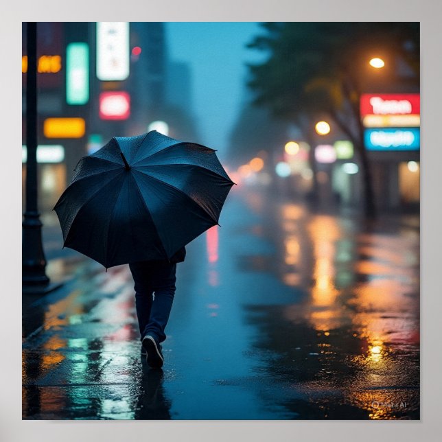 Poster Solidão Urbana - Cena Noturna da Cidade Chuva (Frente)