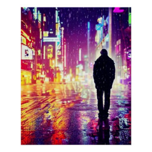 Pôster Solitário Cyberpunk No Poster Da Chuva